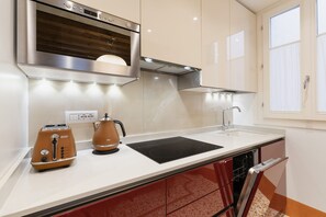Fridge, microwave, dishwasher, electric kettle