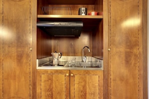 Fridge, microwave, electric kettle, toaster