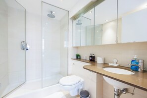 Hair dryer, towels, soap, shampoo