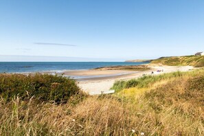 A coastal beach scene with a sandy shore, a grassy hill, and a clear sky. - No. 9 The Dairy: A beachside barn conversion on Anglesey (Llanfaethlu)