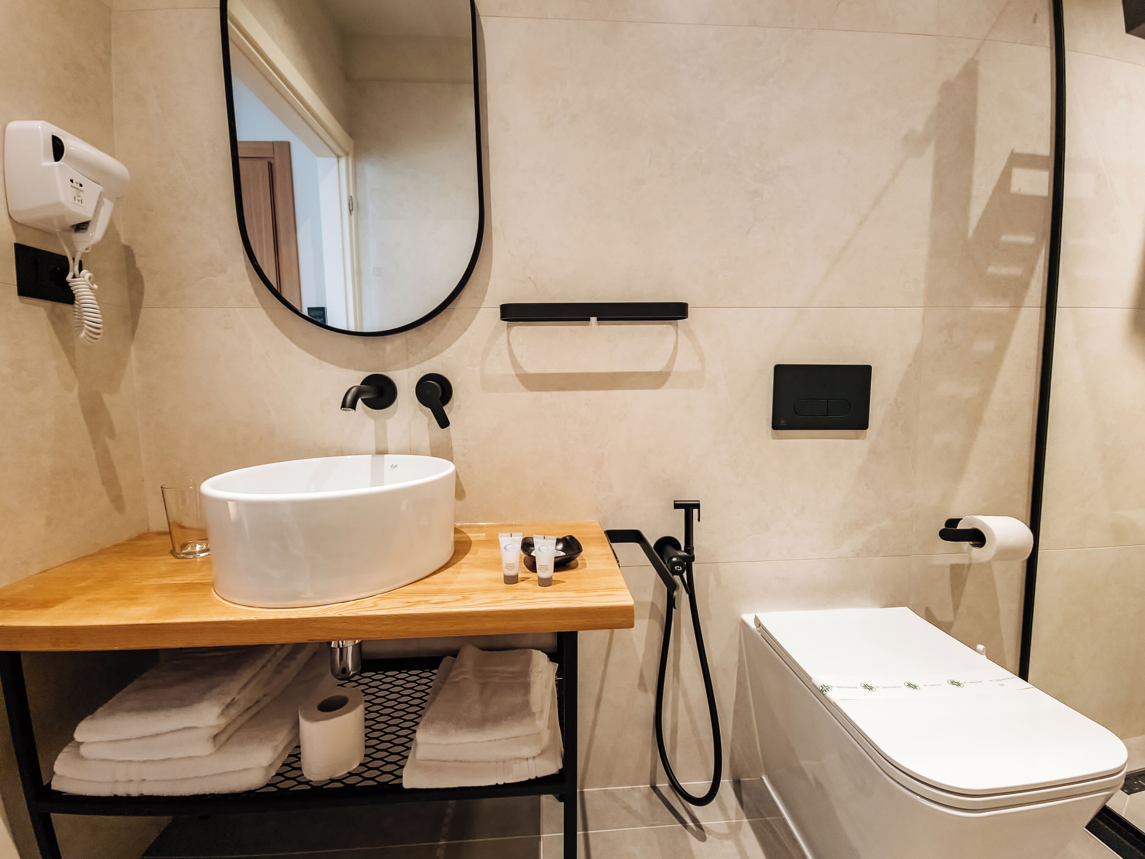 A modern bathroom with a white sink, a handheld showerhead, a toilet, and a towel rack.
