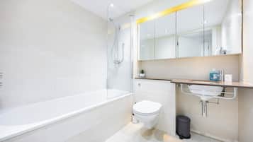 Hair dryer, towels, soap, shampoo