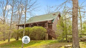 A rustic cabin with a green roof, surrounded by trees and a grassy area. - Scenic Solitude at Cabins in the Clouds! (Rising Fawn)