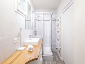 Shower, hair dryer, towels