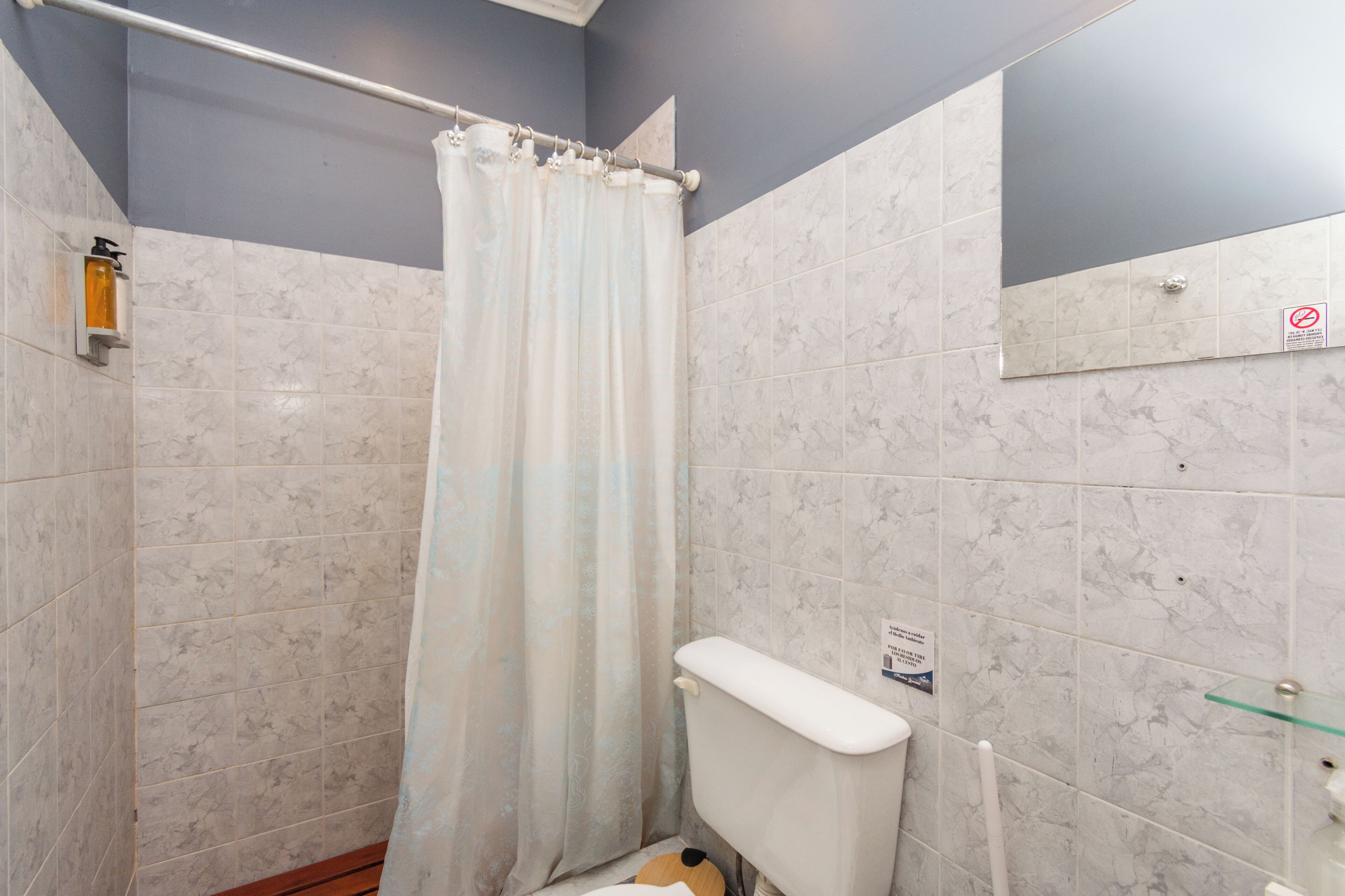 A bathroom with a shower, toilet, and a glass shelf.