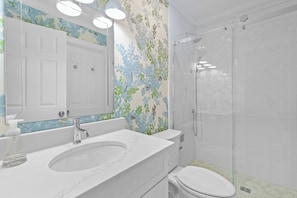Shower, hair dryer, towels, soap