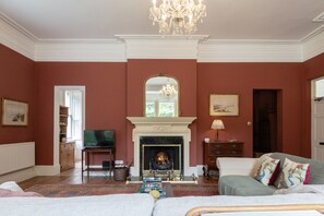 Smart TV, lareira, livros