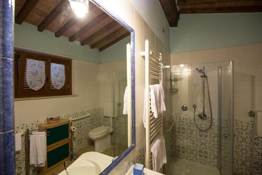 Un baño con ducha, inodoro, lavabo y espejo.