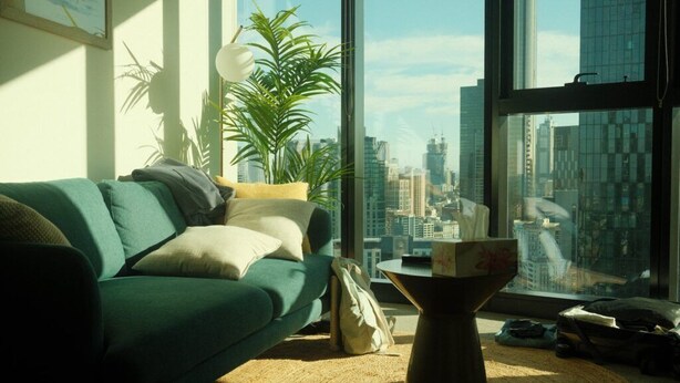 A modern living room with a sofa, a coffee table, and a large window offering a city view. - Marvelous 2-bedroom apartment in Boston with WiFi (Boston)