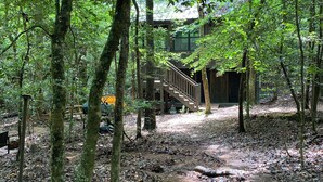 Une zone boisée abritant une structure en bois, dotée d’un escalier menant à une zone abritée.