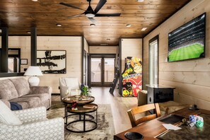 Smart TV, fireplace, video games, DVD player
