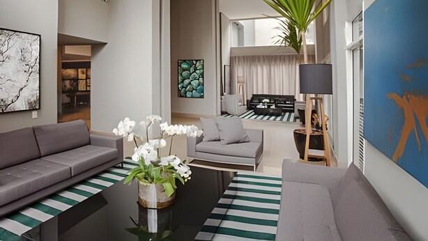 A modern living room with a grey sofa, a coffee table, and a striped rug. There is a potted plant with white flowers and a large abstract painting on the wall. - Get a Flat 805 Região Jardins SP (São Paulo)
