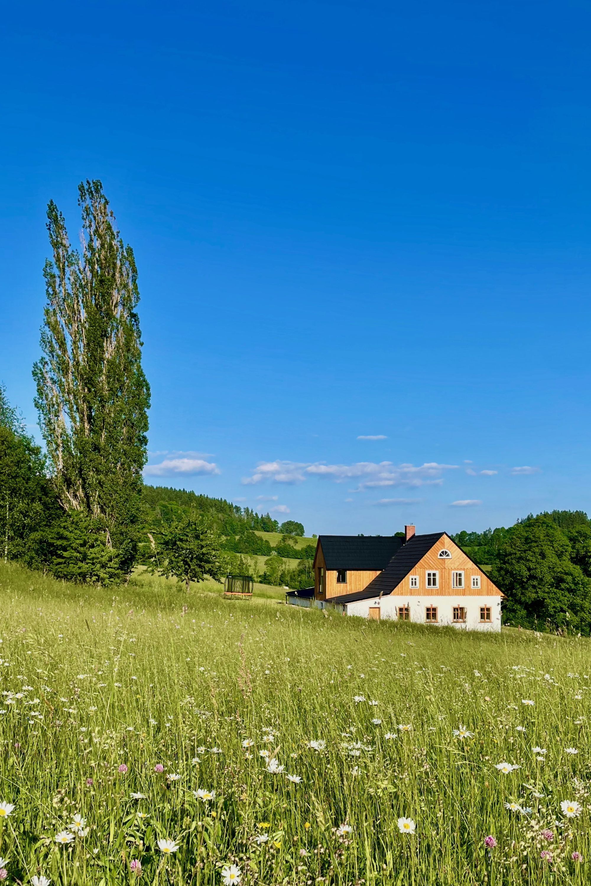 A house in a field with a clear sky.