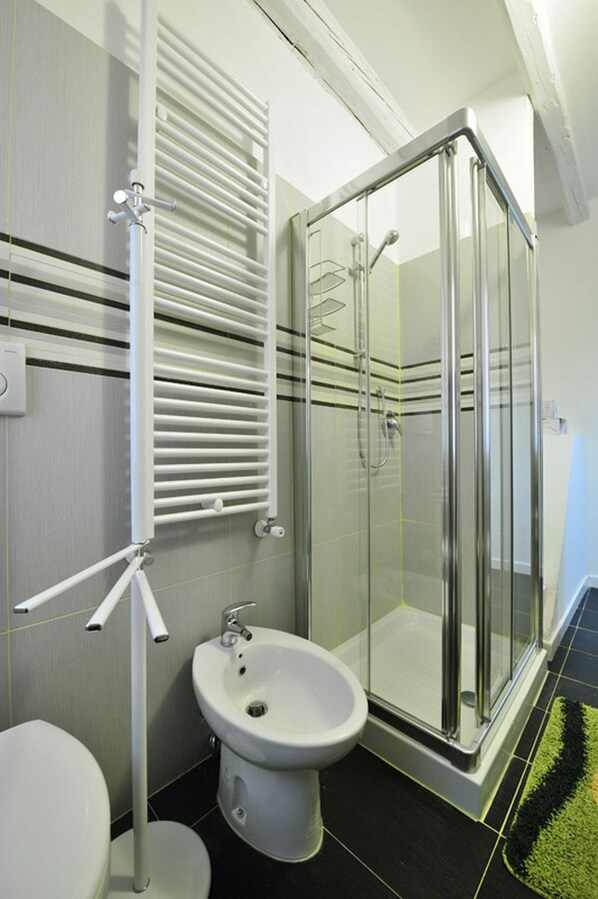 A modern bathroom with a glass shower enclosure, a pedestal sink, and a toilet.