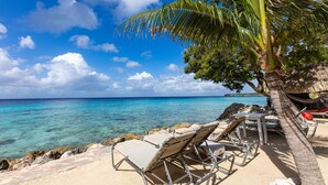 A beach with clear turquoise water, a palm tree, and lounge chairs. - Caribbean Delight Villa With Stunning Pool View (St. Marie)