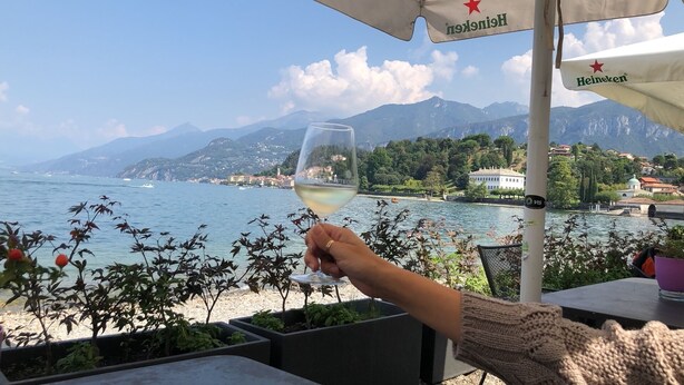 A person holding a wine glass with a scenic view of a lake and mountains in the background.