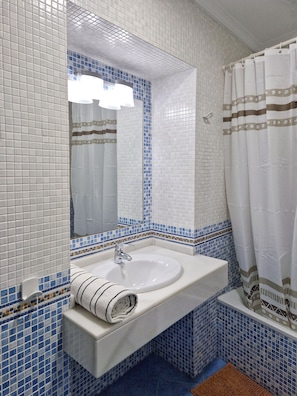 Shower, hair dryer, bidet, towels