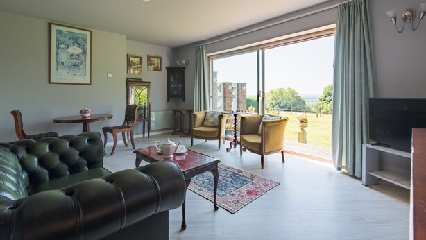 Un salon spacieux avec un canapé en cuir, une table basse et deux fauteuils. On y trouve un téléviseur posé sur un meuble, un tableau accroché au mur et une grande fenêtre avec des rideaux.