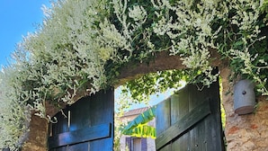 Een ruwe stenen muur met een houten poort die leidt naar een trap.