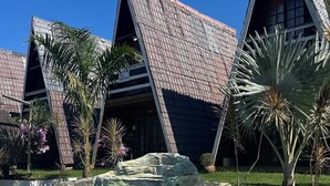 A pool with a rocky edge, surrounded by palm trees and a building with a unique triangular roof. - Chale 2 Familia (Angra dos Reis)