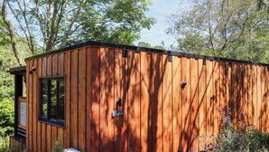 Une cabane en bois avec une petite fenêtre et une porte, entourée de verdure.