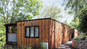 Une cabane en bois avec une fenêtre et une porte, entourée de verdure et d’un mur de pierres.