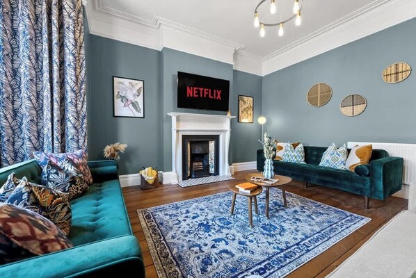 TV, fireplace, video games, table football