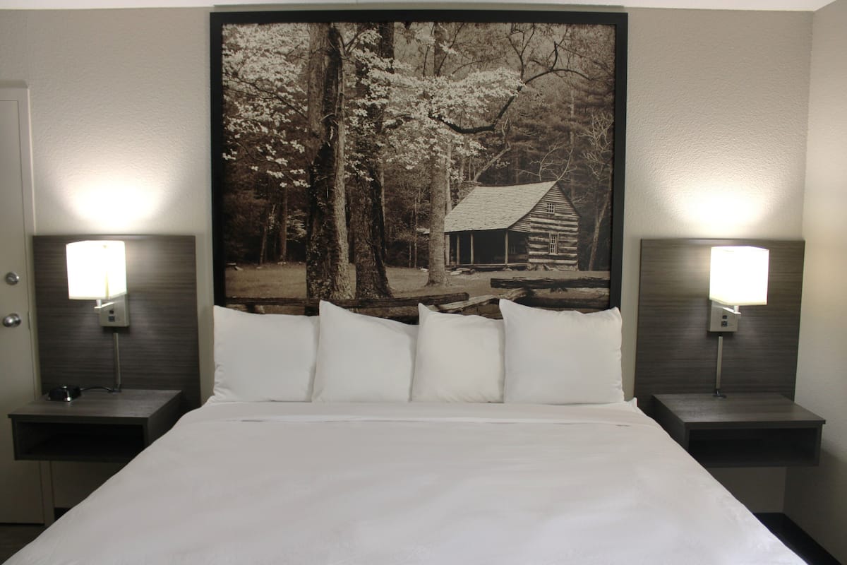 A hotel room with a large bed, two bedside tables with lamps, and a large framed picture on the wall.