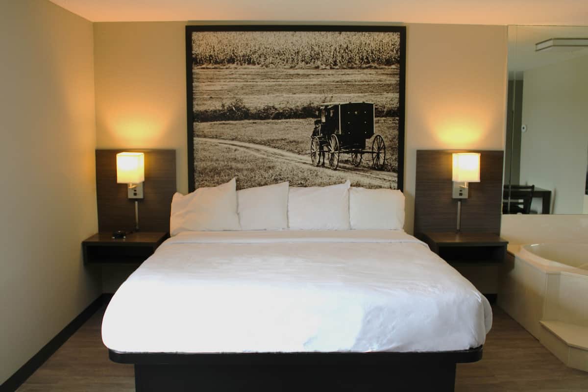 A hotel room with a large bed, two bedside lamps, a headboard with a photograph, and a bathtub.