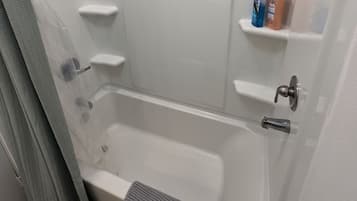 Hair dryer, towels, soap, shampoo