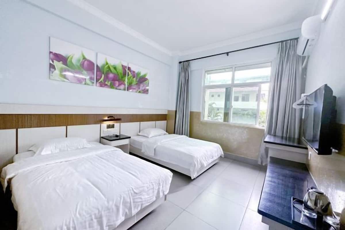 Habitación de hotel con dos camas, un escritorio, un televisor y una ventana con cortinas.