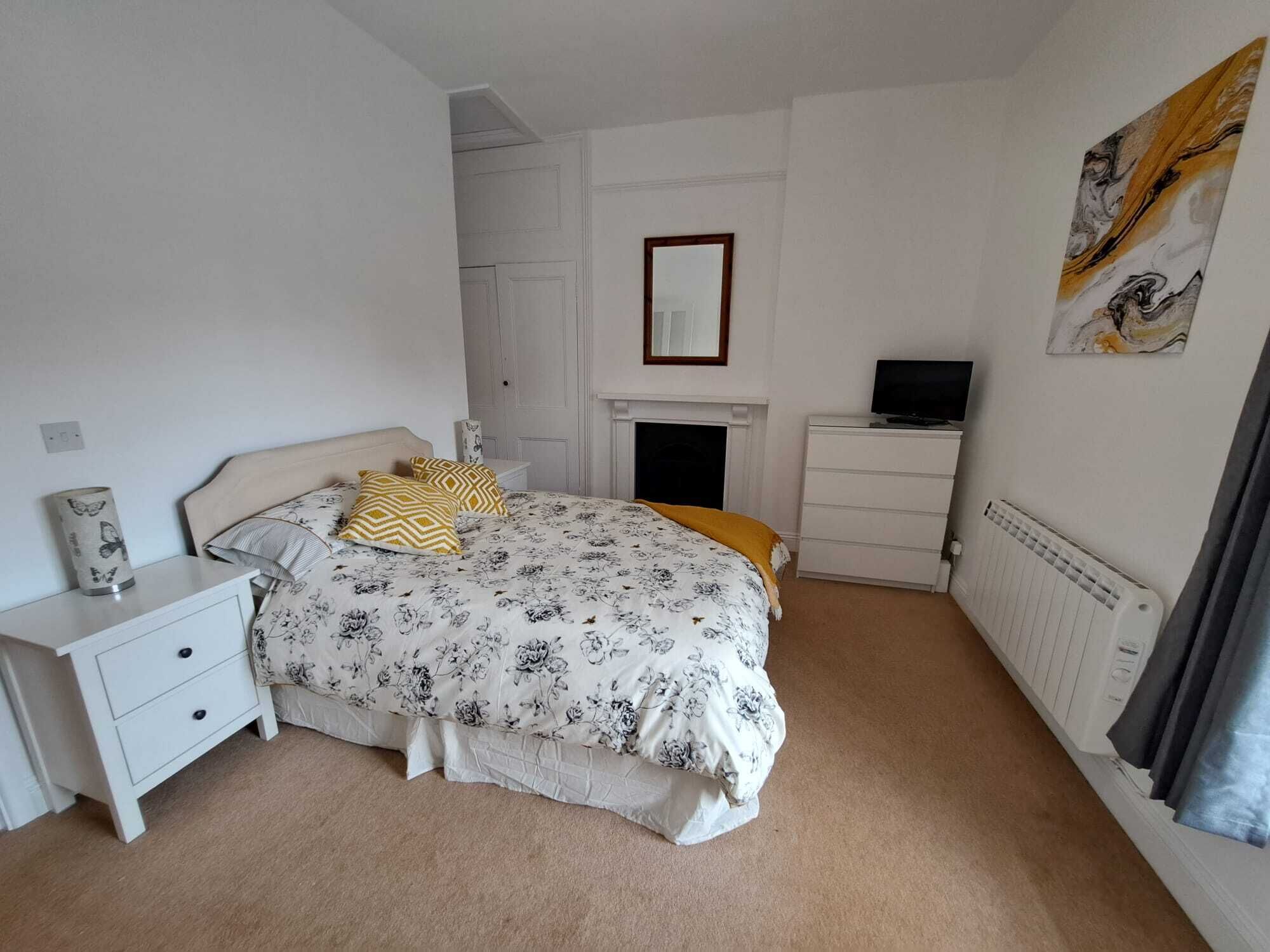Un dormitorio con cama, mesita de noche, cómoda, televisor, chimenea y radiador.