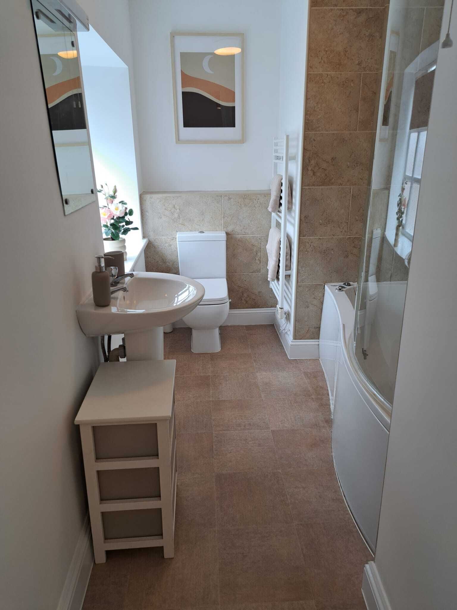 Hair dryer, towels, soap, shampoo