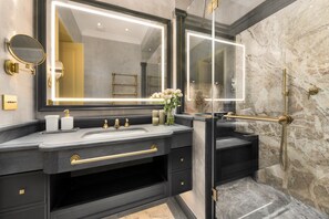 Shower, free toiletries, hair dryer, towels