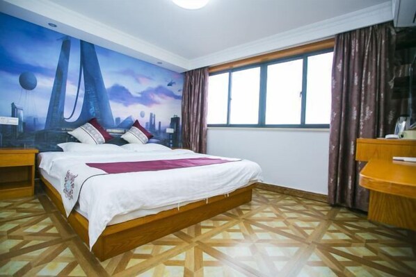 A bedroom with a bed, a nightstand, a window with curtains, and a wall mural. - Shengsi Jun from the Inn (Shengsi)
