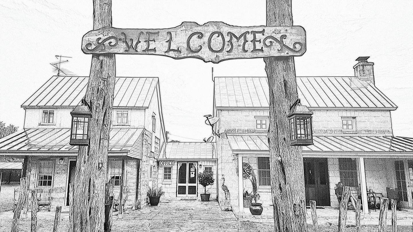 A black and white illustration of a building with a sign that reads 'WELCOME HOME.'