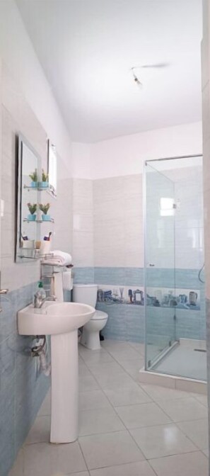 Shower, hair dryer, towels, soap