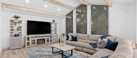 TV, fireplace, books