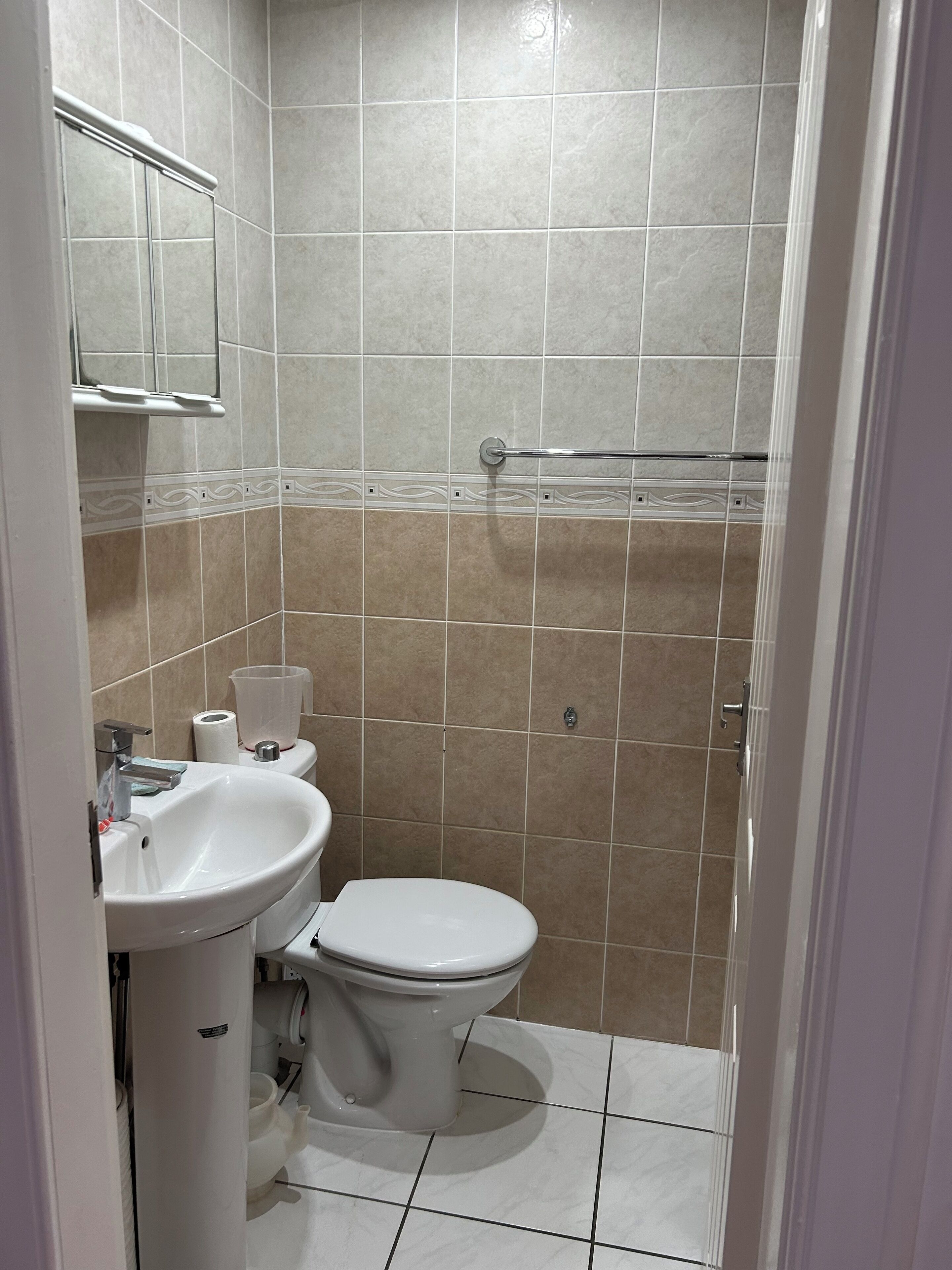 A bathroom with a toilet, sink, and shower area.