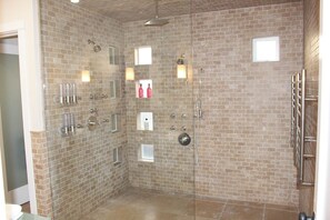 Hair dryer, towels, soap