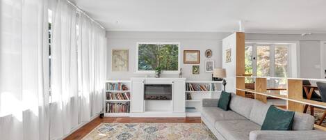 Televisie, een open haard en boeken