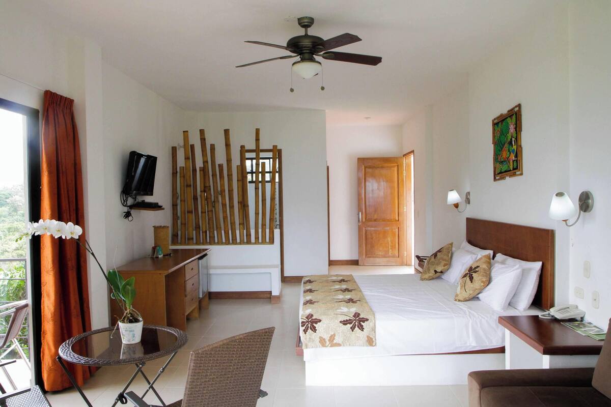 A hotel room with a bed, a desk, a chair, a television, a ceiling fan, and a window with curtains.