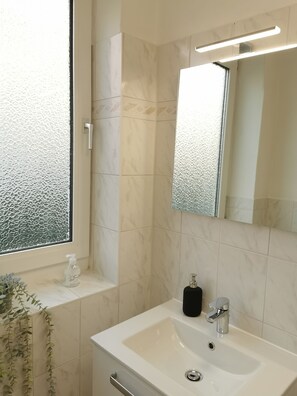 Shower, hair dryer, towels, shampoo