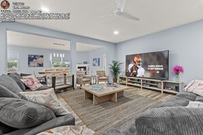 Smart TV, fireplace, video games, table football