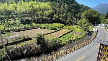 A rural landscape with terraced fields, a winding road, and a wooden fence.