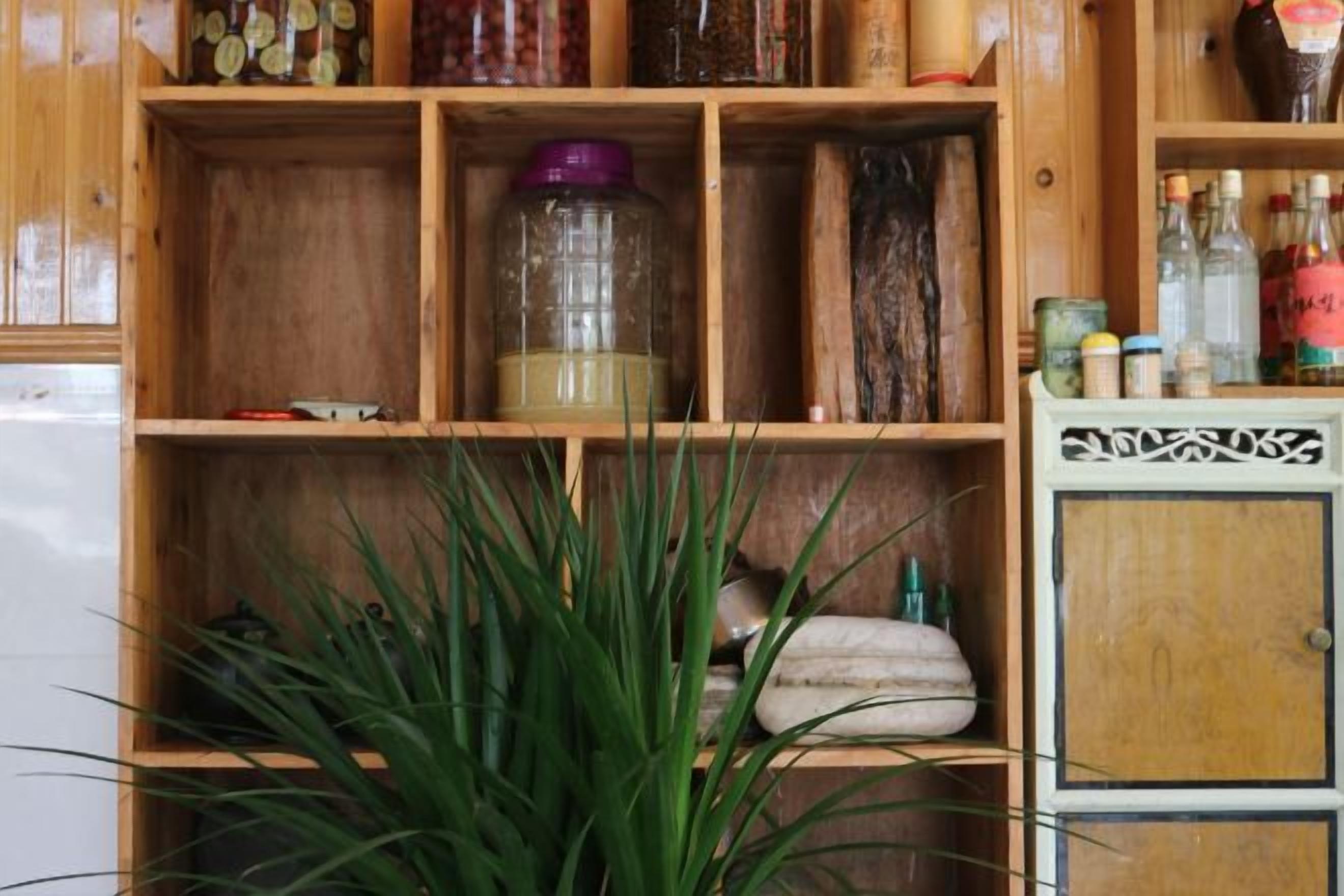 Une étagère en bois avec divers pots et bouteilles, une plante en pot et un meuble orné d’un motif décoratif.