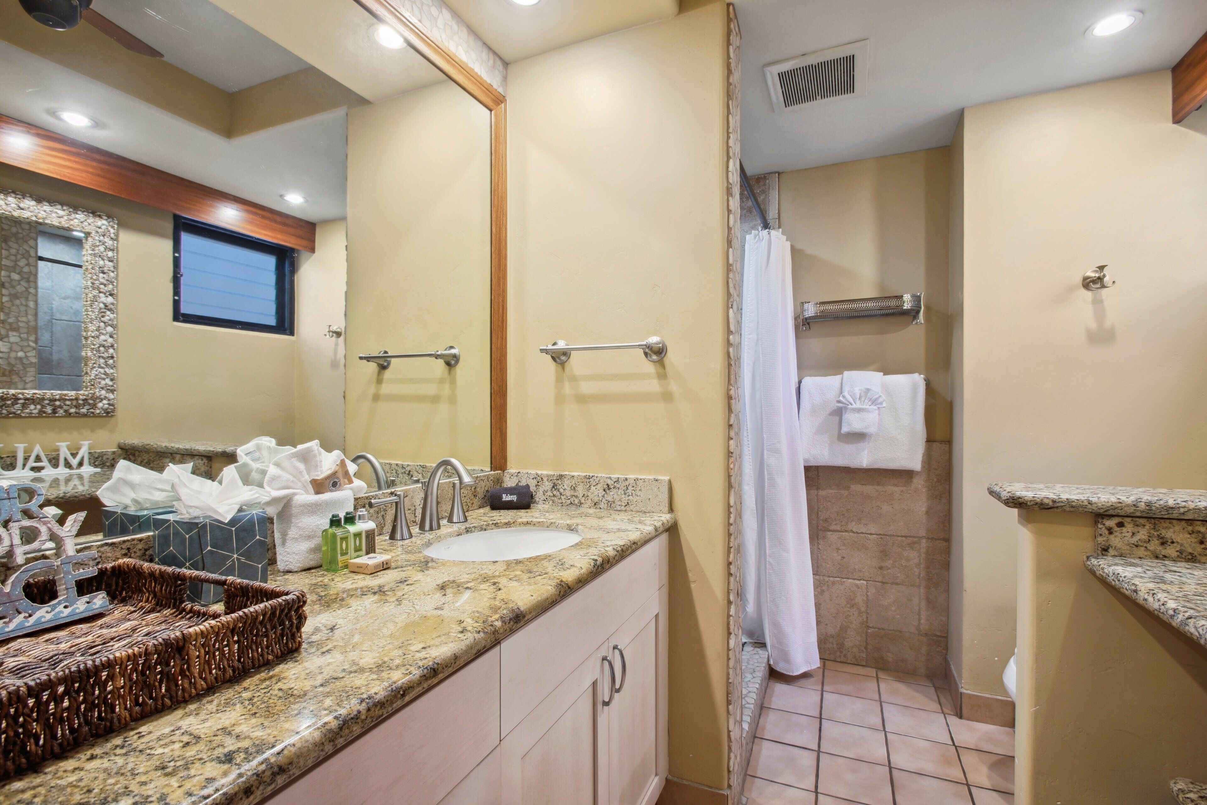 Une salle de bain avec un comptoir en granit, un lavabo, un miroir, une douche et un porte-serviettes.