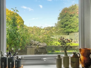 A view through a window with a wooden fence, greenery, and a stone structure.