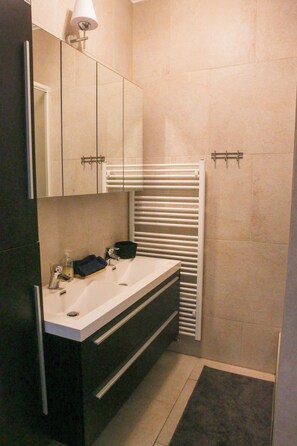 Shower, eco-friendly toiletries, hair dryer, towels