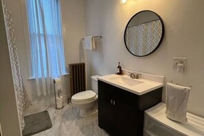 Hair dryer, towels, soap, toilet paper
